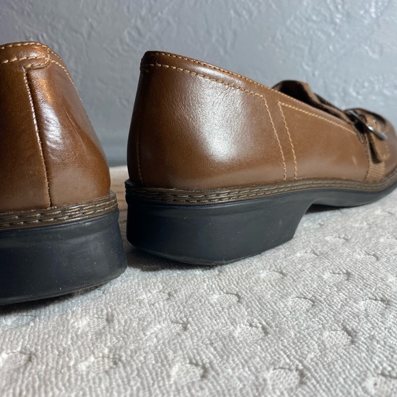 Clarks Womens Brown Leather Slip On Loafers With nylon Buckle Strap Shoes - Picture 13 of 16